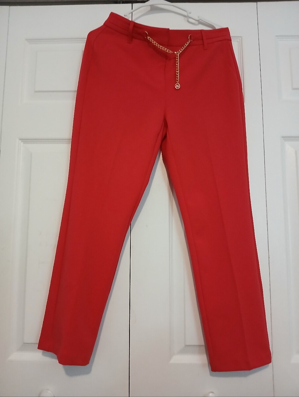 Michael Kors Red Tailored Pants with Gold Chain Accent